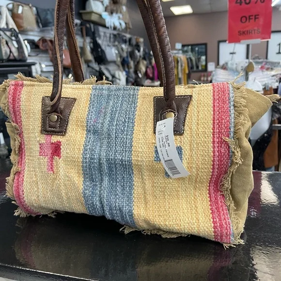 Myra Bag Tan and Blue Satchel - Picture 4 of 7